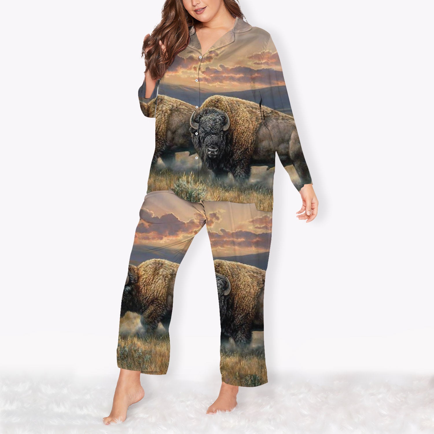American Bison Plus Size Pajama Set | Sleepwear | Long Sleeve Pjs | Oversized Pyjamas
